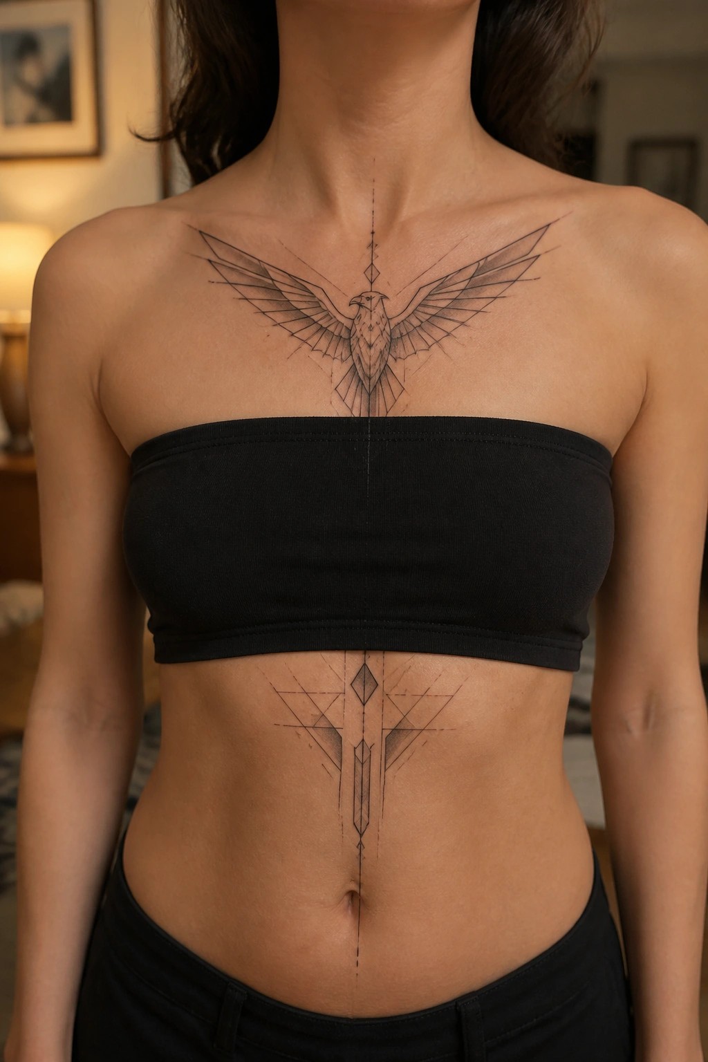 Woman with a geometric eagle tattoo centered on the chest and a matching vertical design on the abdomen