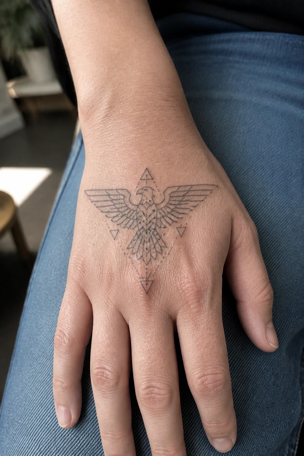 Fine line geometric eagle tattoo centered on the back of a hand with wings spread and triangular accents.