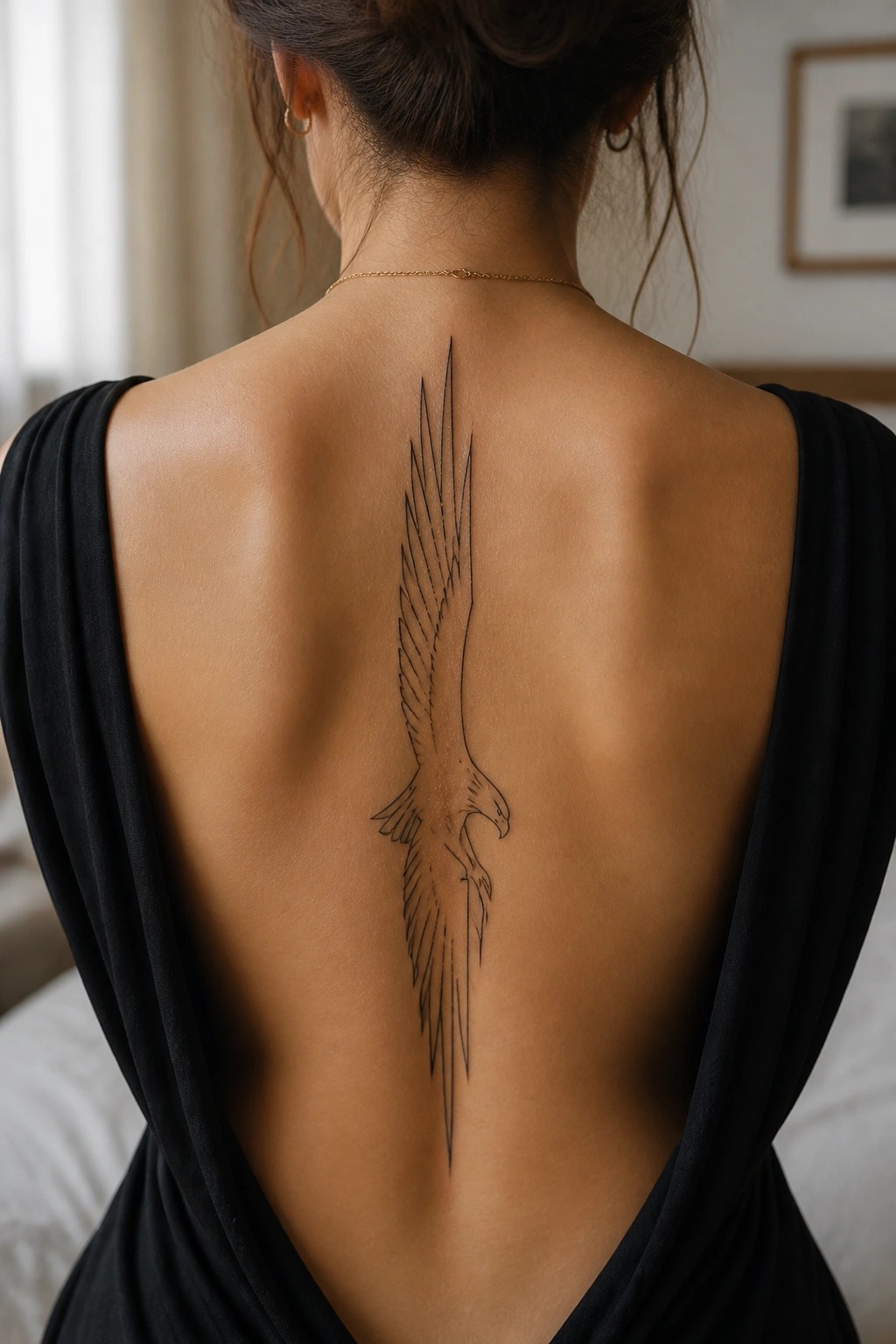 Woman's back with large eagle tattoo in black low-back dress