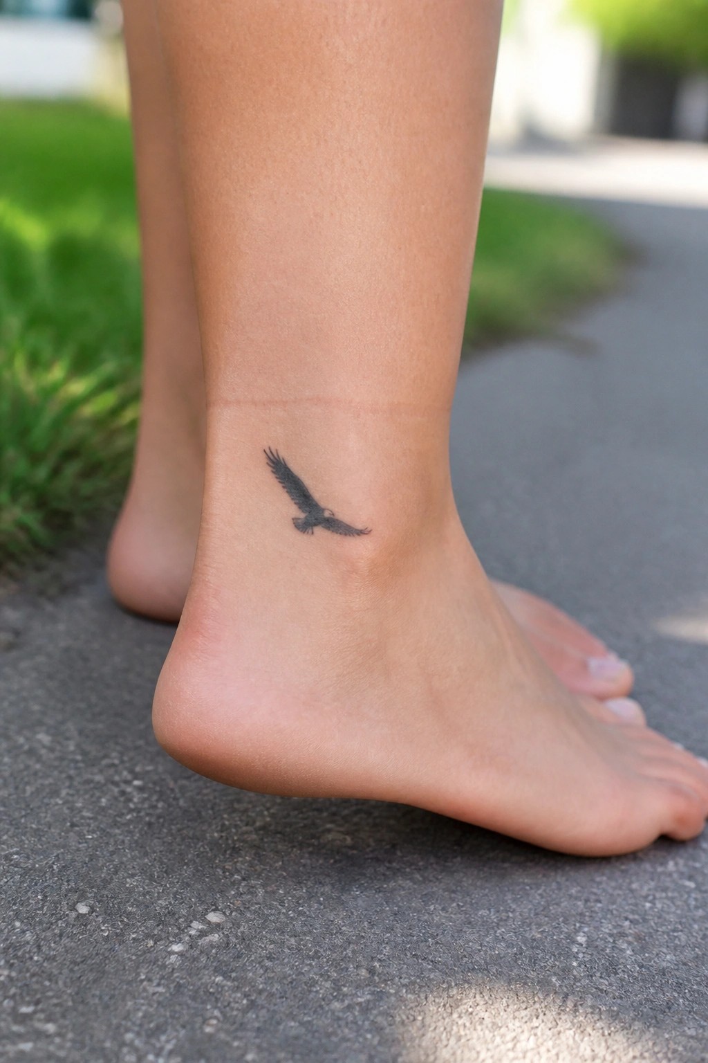 Small black eagle tattoo on a woman's ankle above the bone