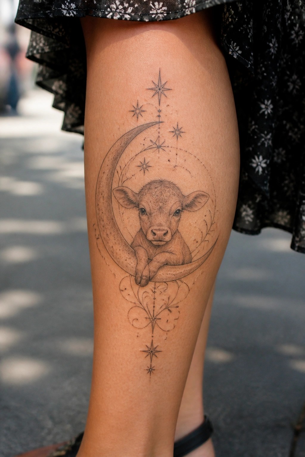 Black and grey fine line tattoo of a calf resting on a crescent moon surrounded by stars on the thigh.