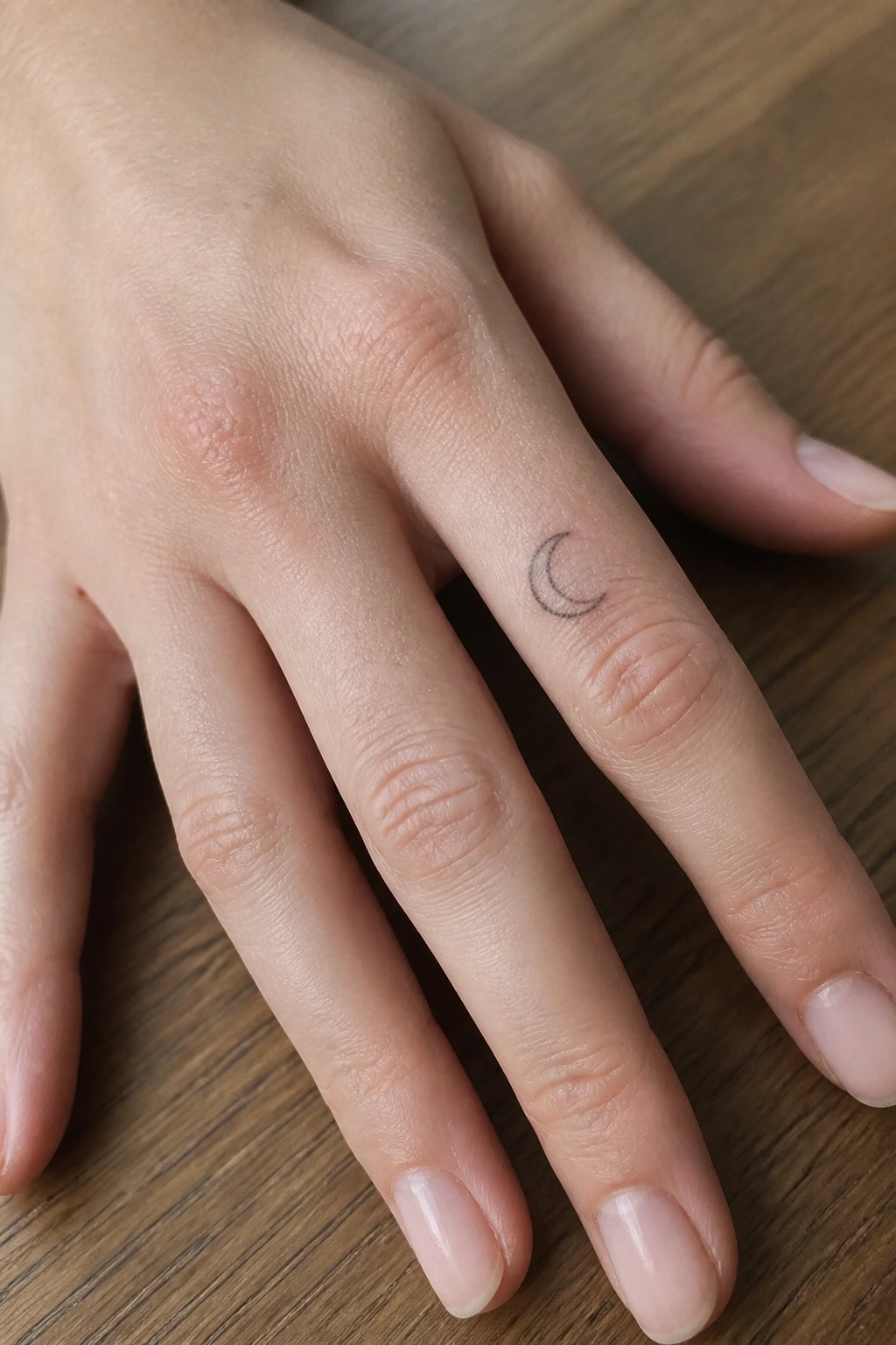 Hand with small crescent moon tattoo on ring finger resting on wood