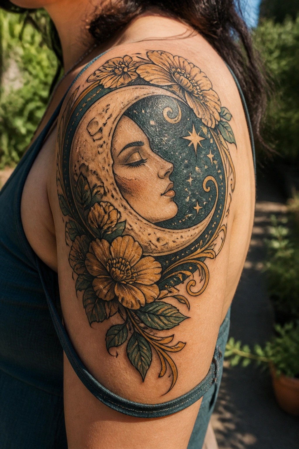 Woman's upper arm tattoo of a crescent moon containing a face, stars, and yellow flowers with leaves.
