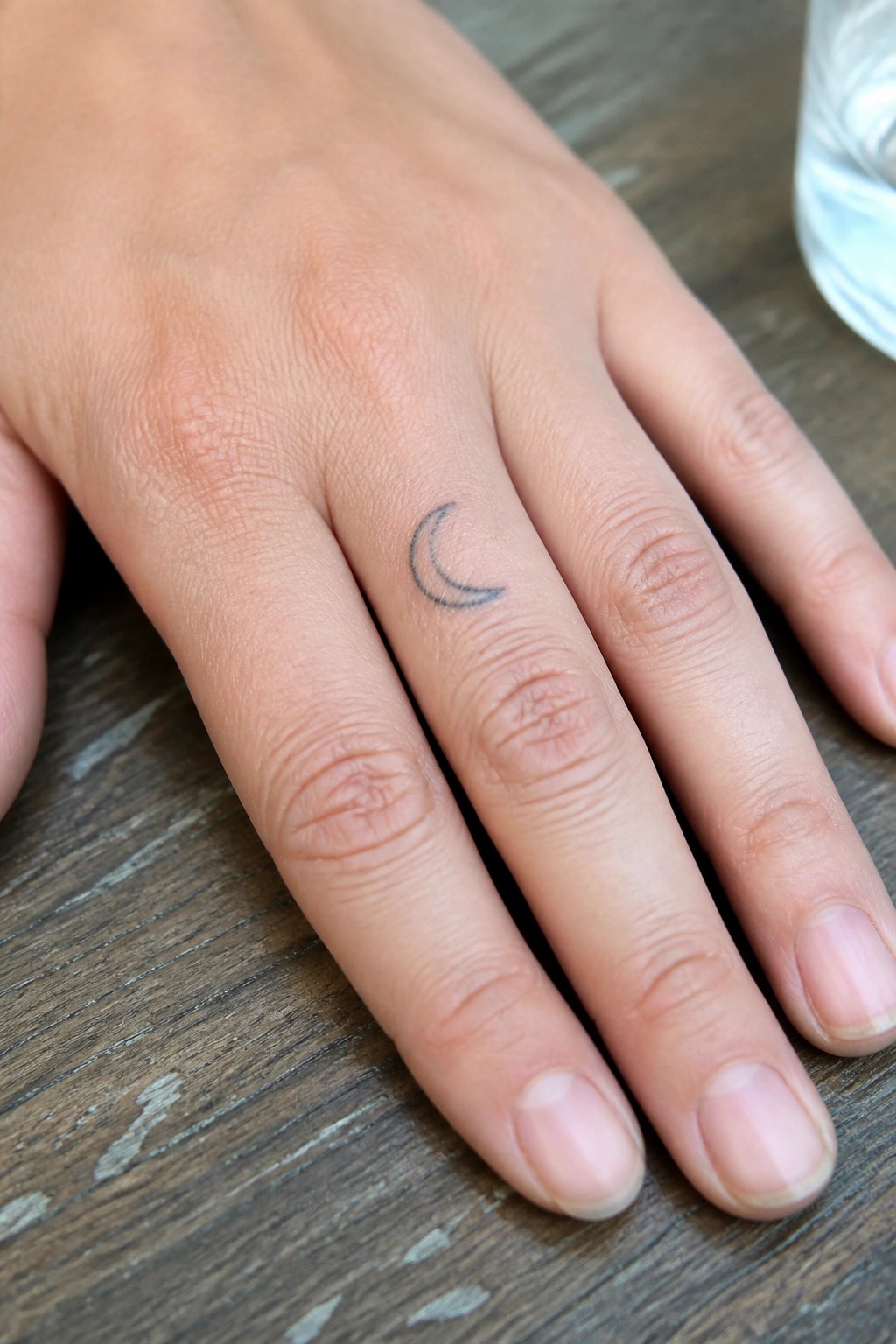 Hand with small crescent moon tattoo on ring finger resting on wood