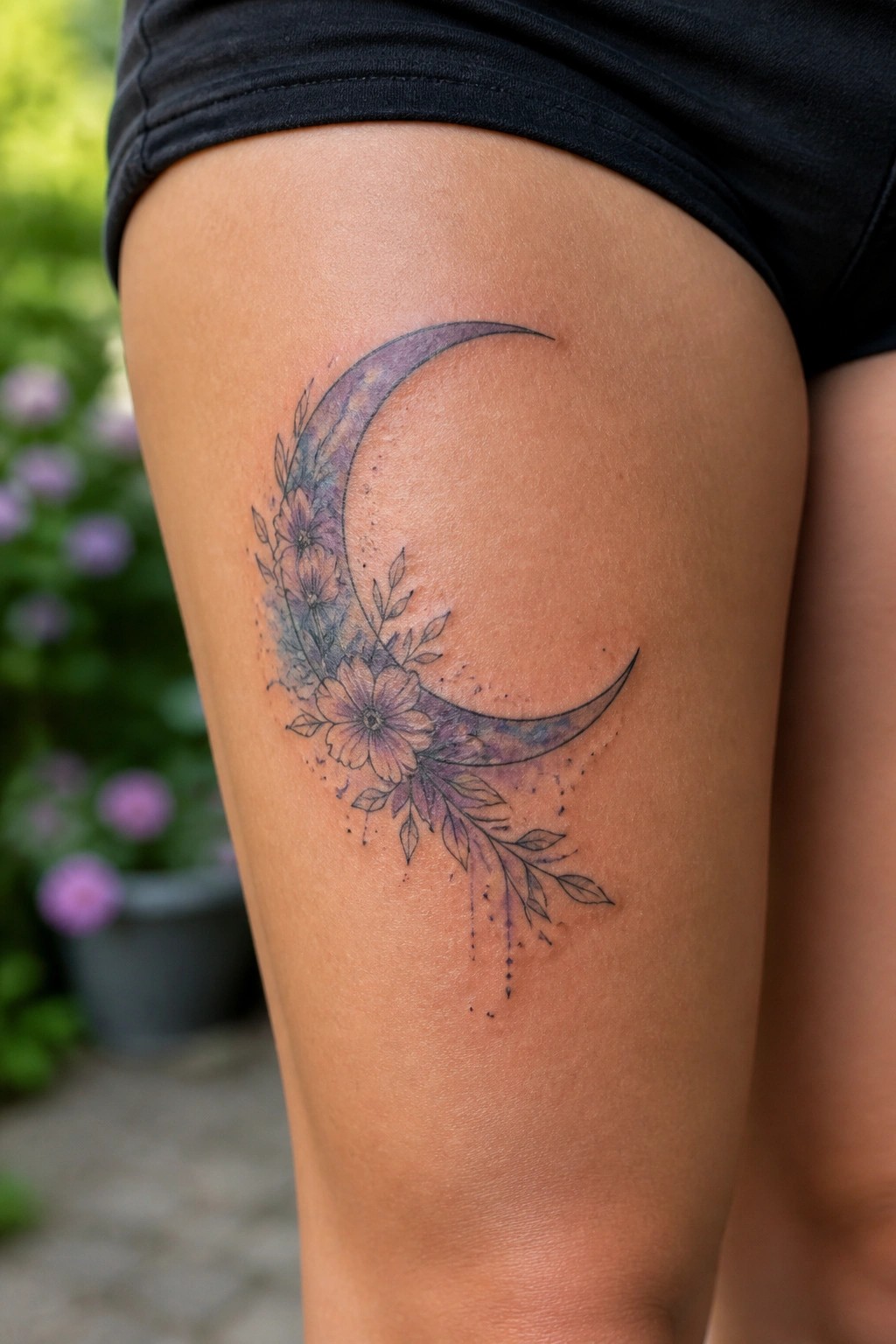 Watercolor crescent moon tattoo with purple flowers on thigh, black shorts visible.
