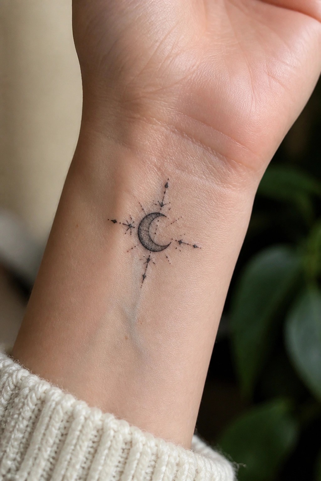 Small crescent moon tattoo with fine line rays and dots on the inner wrist.
