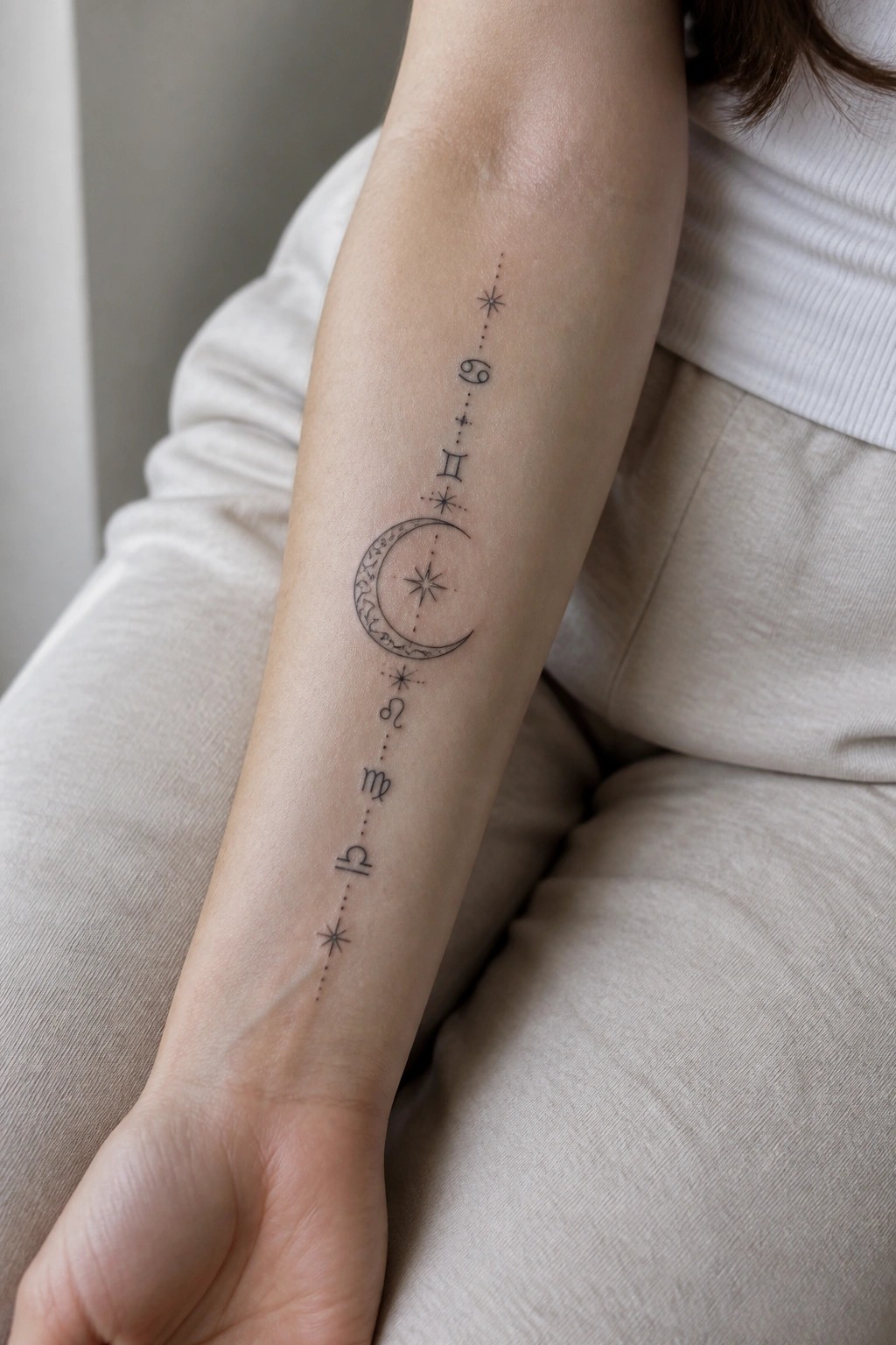 Fine line tattoo on the inner forearm with a central crescent moon and vertical row of zodiac symbols connected by dots and stars.