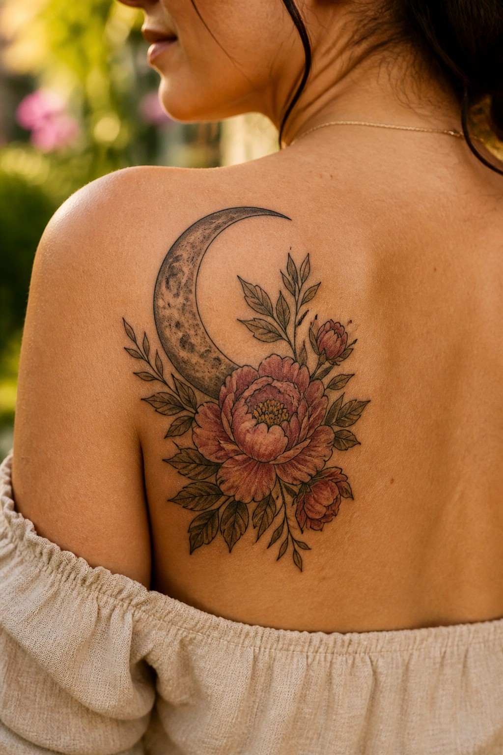 Floral crescent moon tattoo on woman's back above beige off-shoulder top