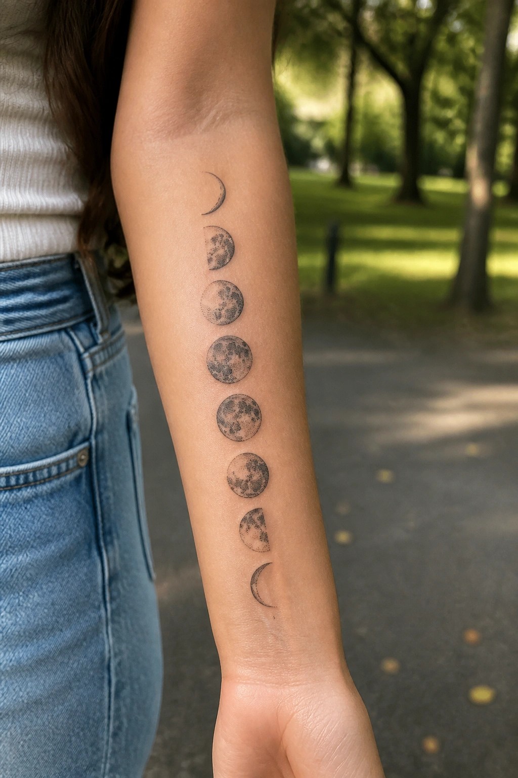 Moon phase tattoo on arm of person in white top and blue jeans outdoors