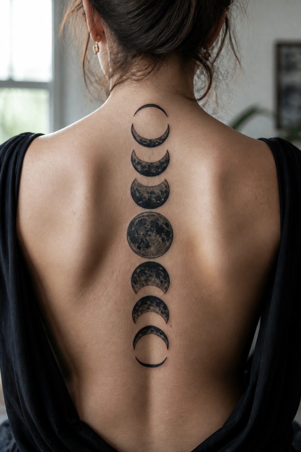 Woman's back with black ink moon phases tattoo aligned down spine