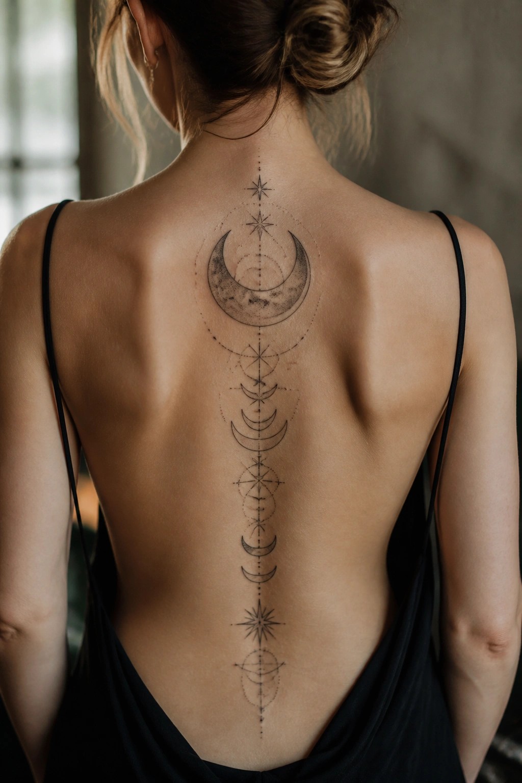 Woman's back with black straps and detailed moon phase star tattoo along spine