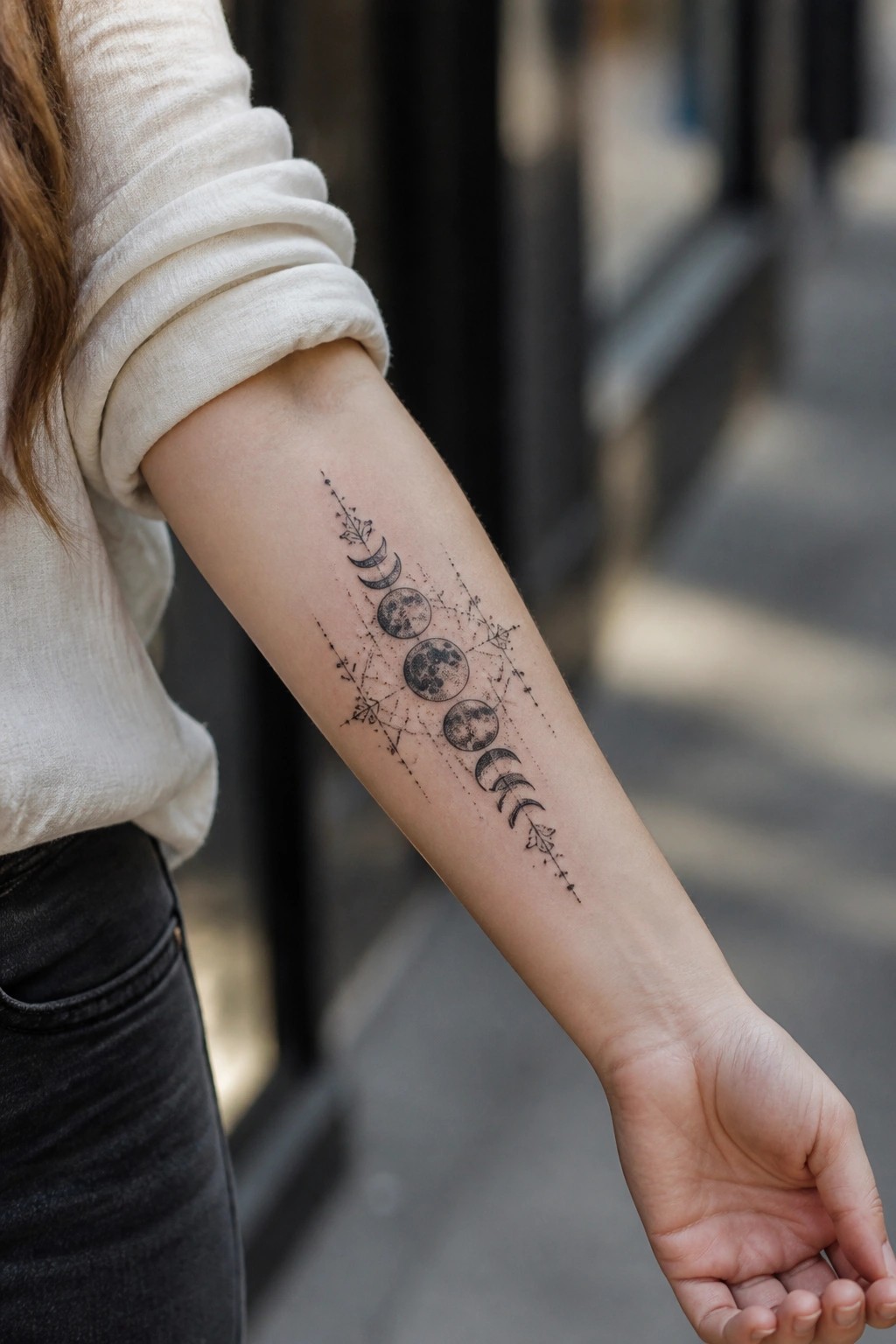 Vertical moon phase tattoo on inner forearm with connecting lines, stars, and leaf details in black ink.