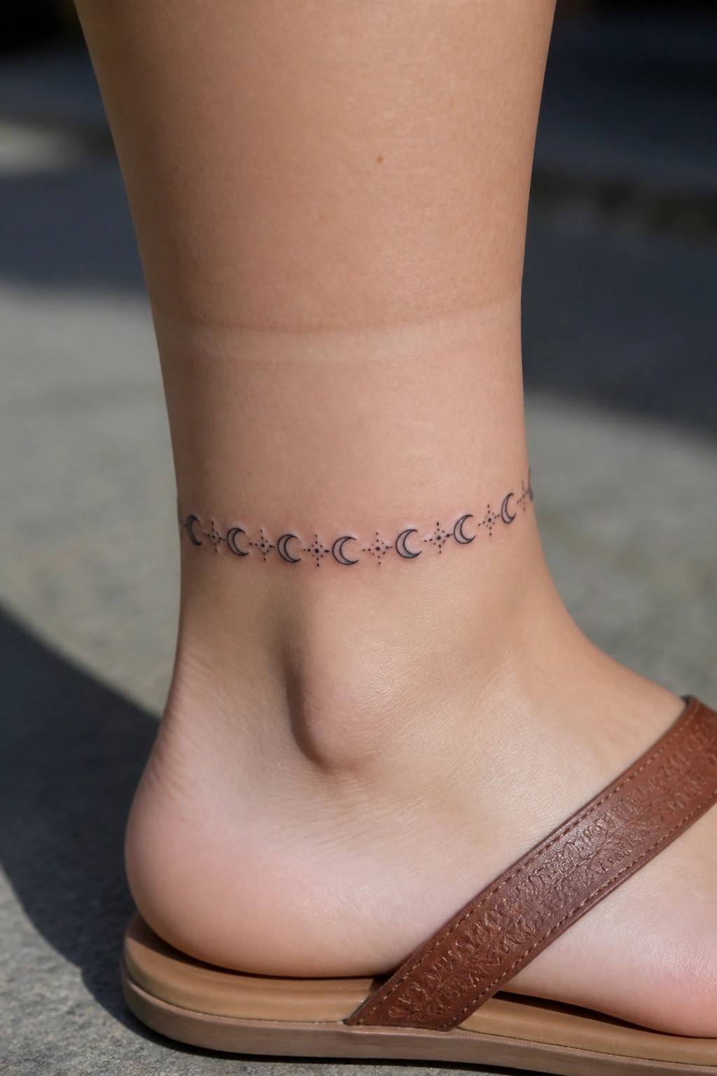Fine line moon phase tattoo wrapped around an ankle like a thin band, with small dots connecting each phase.