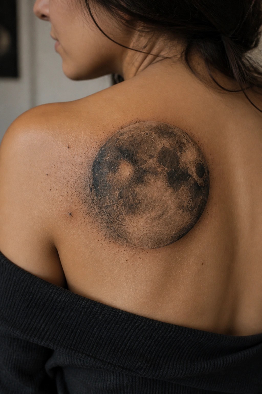 Realistic moon tattoo with craters and surrounding stars on a woman's upper back shoulder blade.