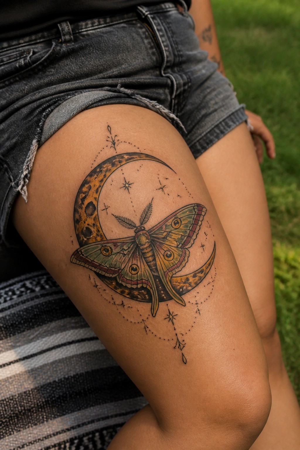 Colorful moth and crescent moon tattoo on thigh beneath denim shorts