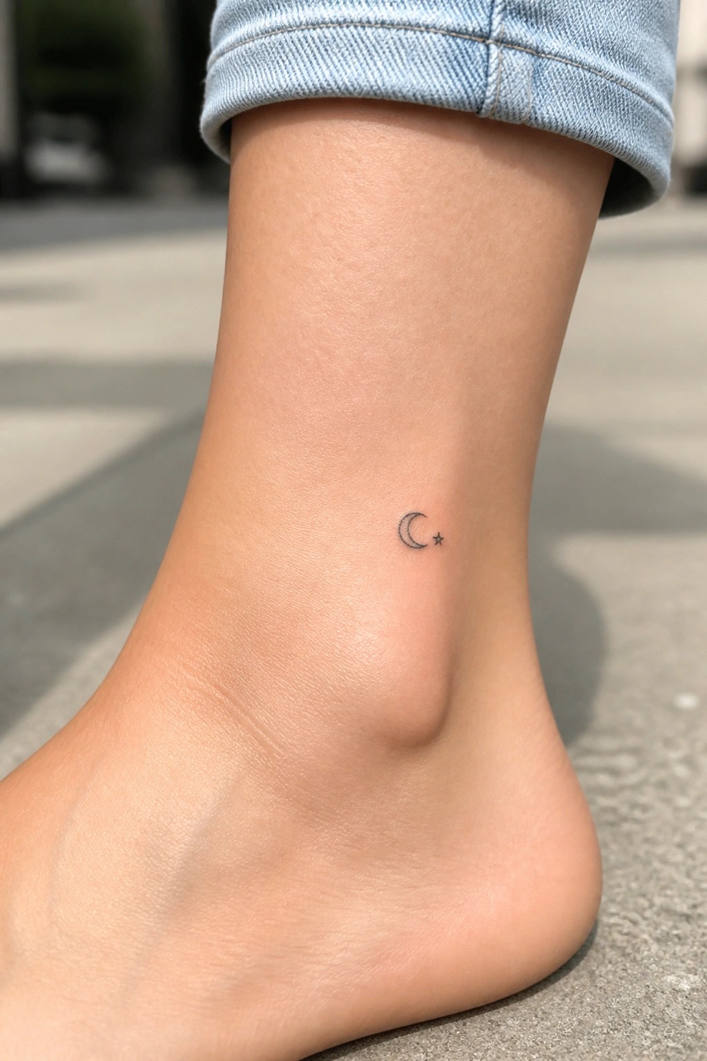 Small crescent moon and star tattoo on the ankle