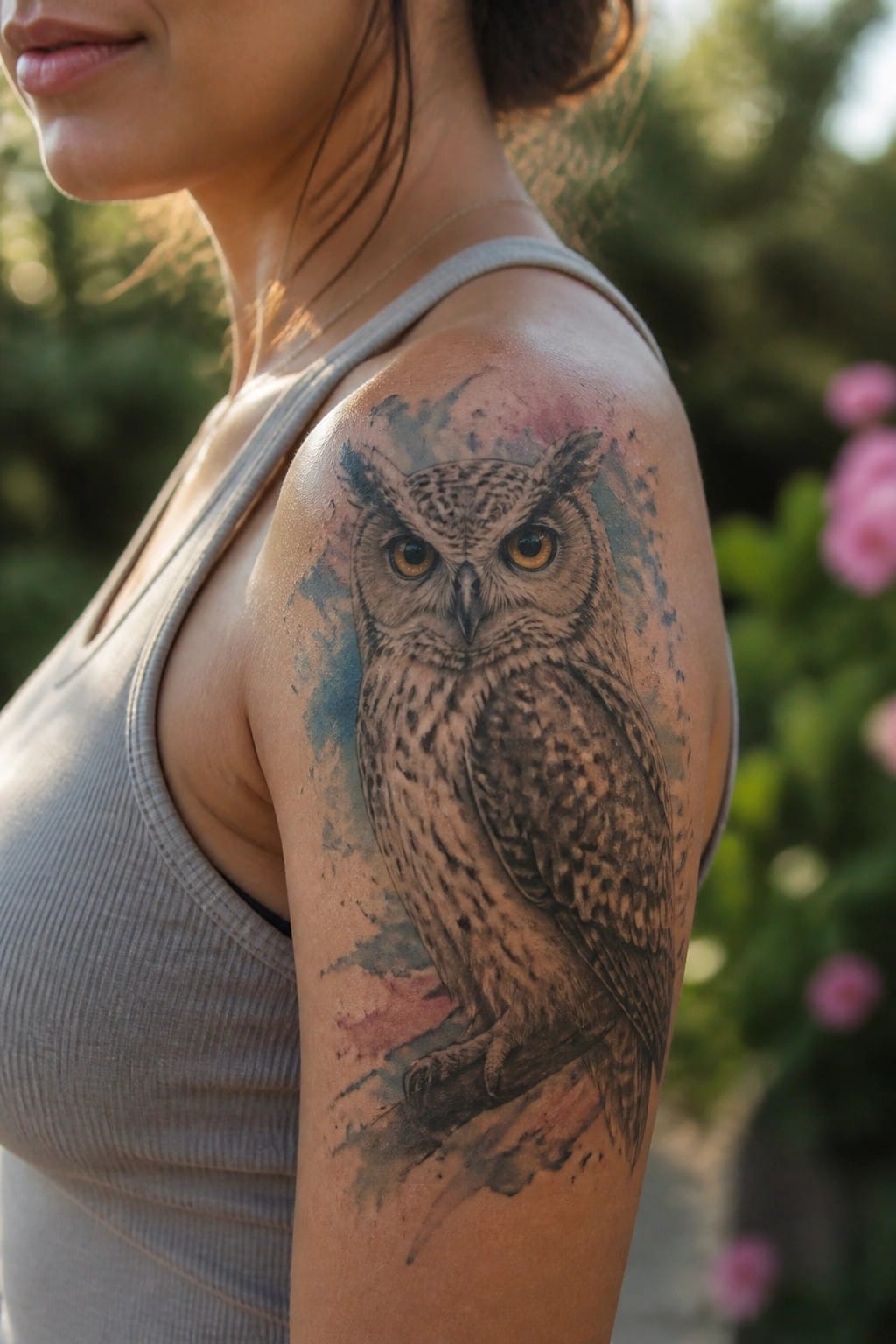 Woman's shoulder with detailed owl tattoo in watercolor style on gray tank top