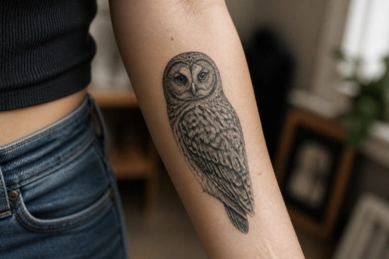 Realistic black and grey owl tattoo on the inner forearm with detailed feather shading and a perched pose.
