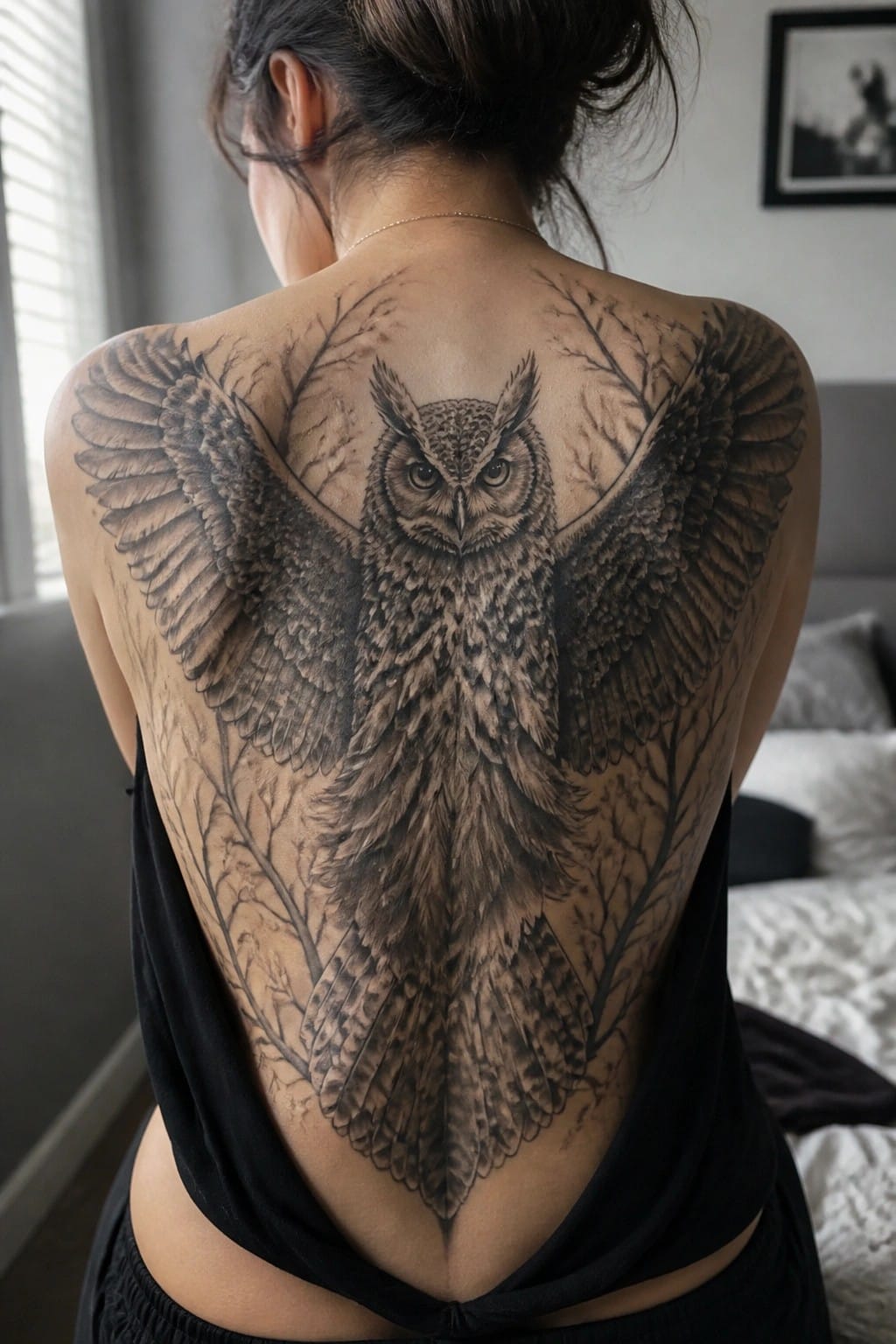 Woman's back with large detailed owl tattoo, wings spread amid tree branches, black top.