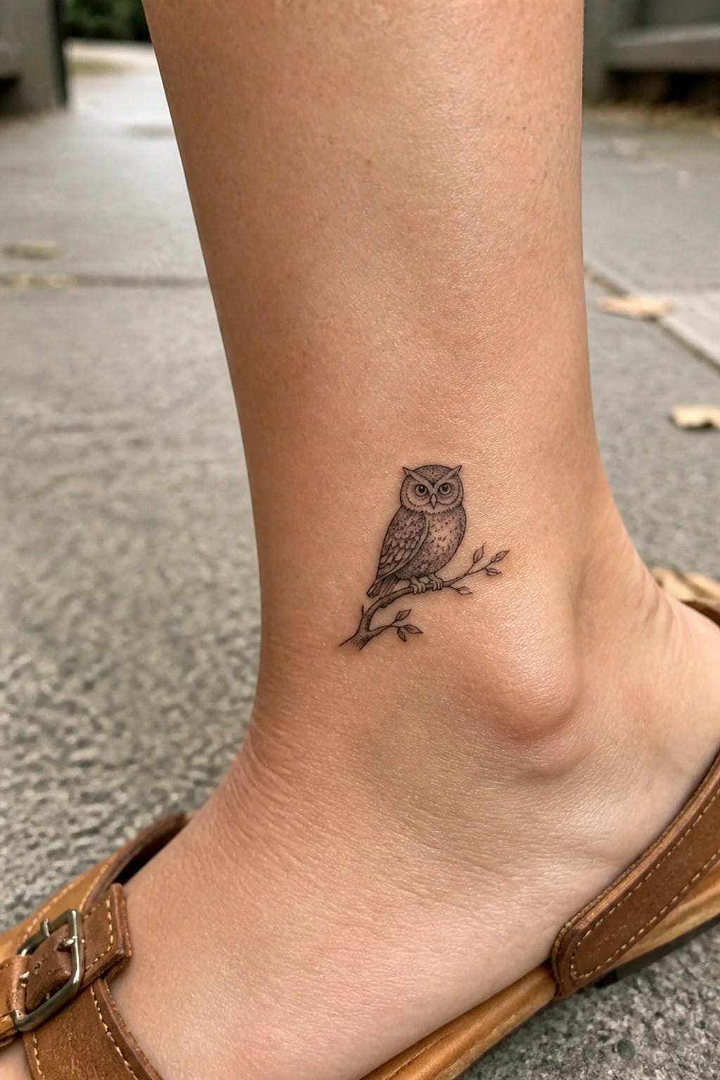 Owl tattoo on ankle perched on leafy branch beside brown sandal.