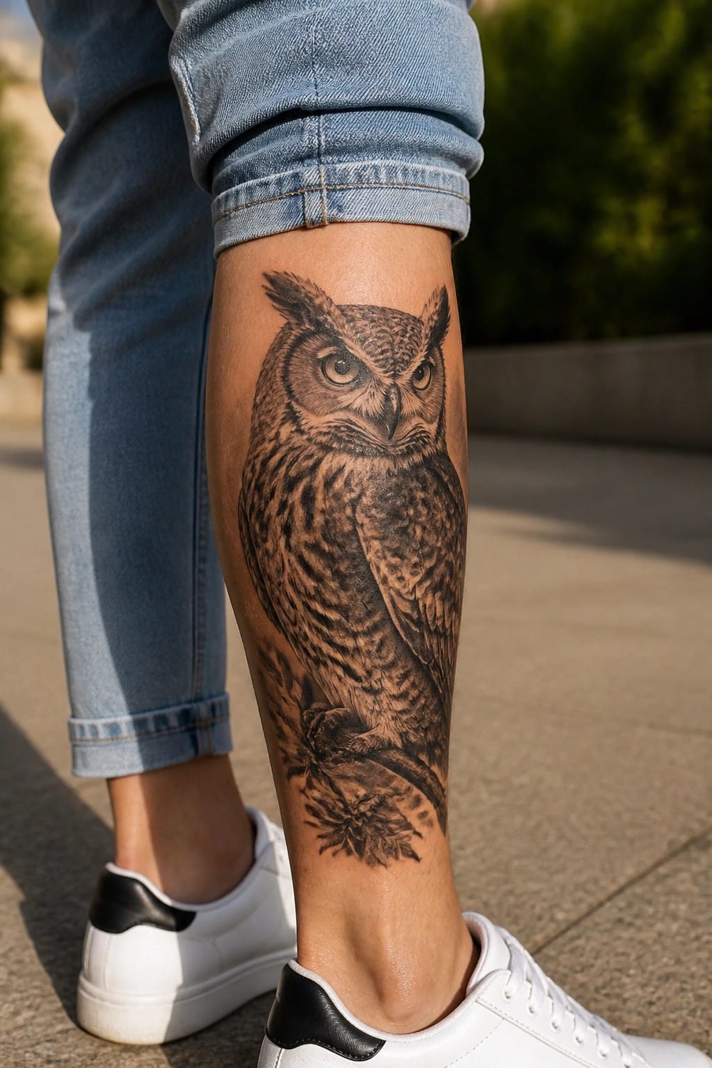 Realistic owl tattoo on shin with cuffed blue jeans and white sneakers