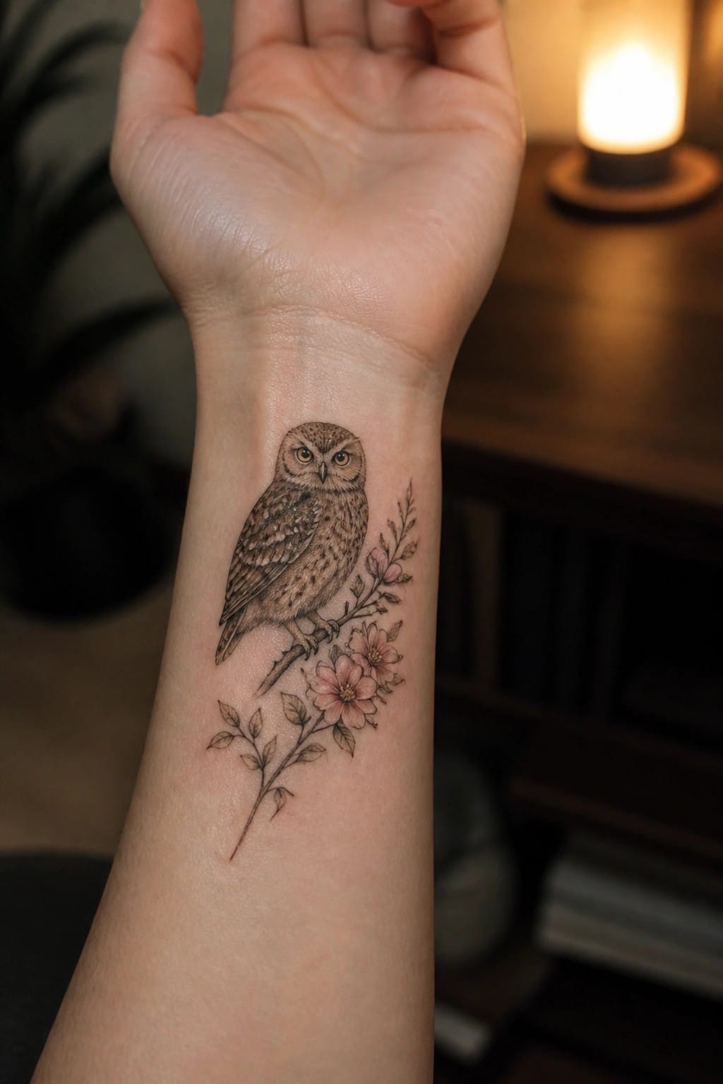 Realistic owl tattoo with pink flowers on person's inner wrist.