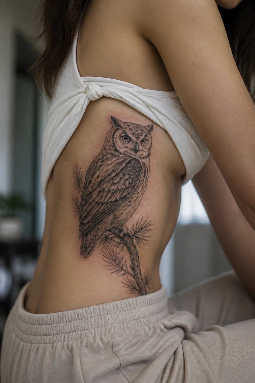 Realistic black and grey owl tattoo perched on a pine branch, placed on the side torso of a woman.
