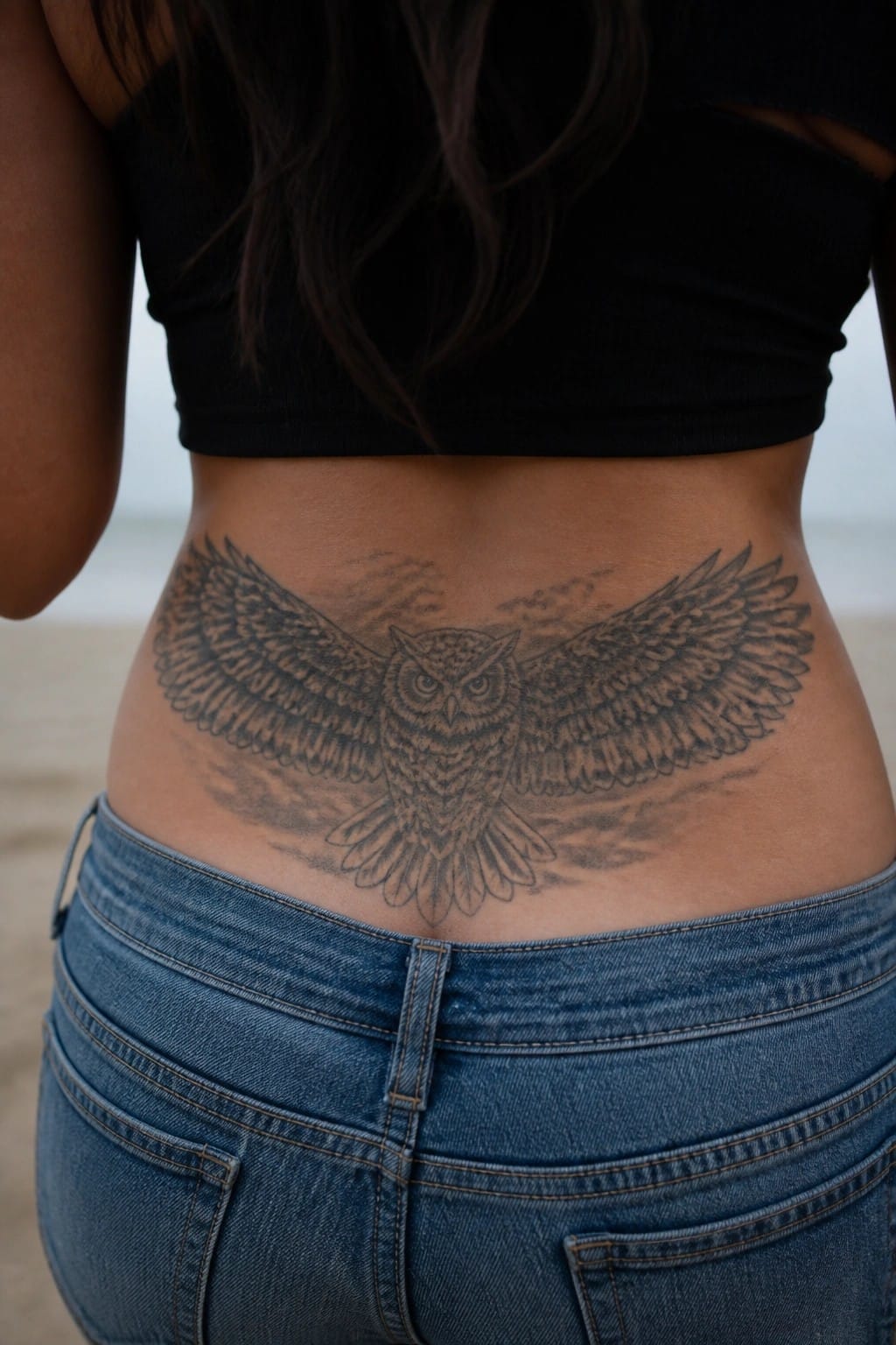 Realistic black and grey owl tattoo with spread wings on a woman's lower back above the waistband of jeans.