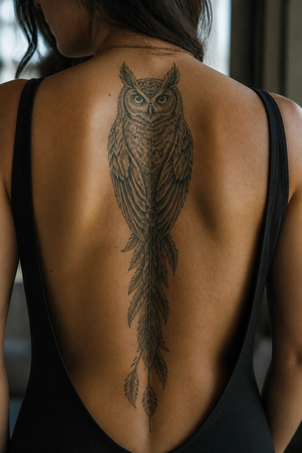 Woman's back in black tank top with large detailed owl tattoo and feathered tail.