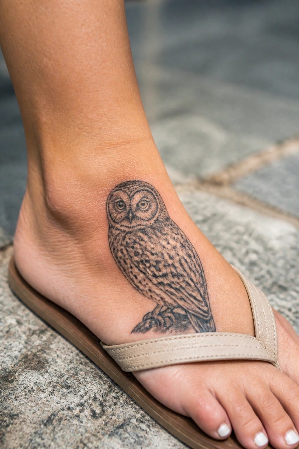 Realistic black and gray owl tattoo on a woman's ankle, perched on a branch, shown above a beige sandal.