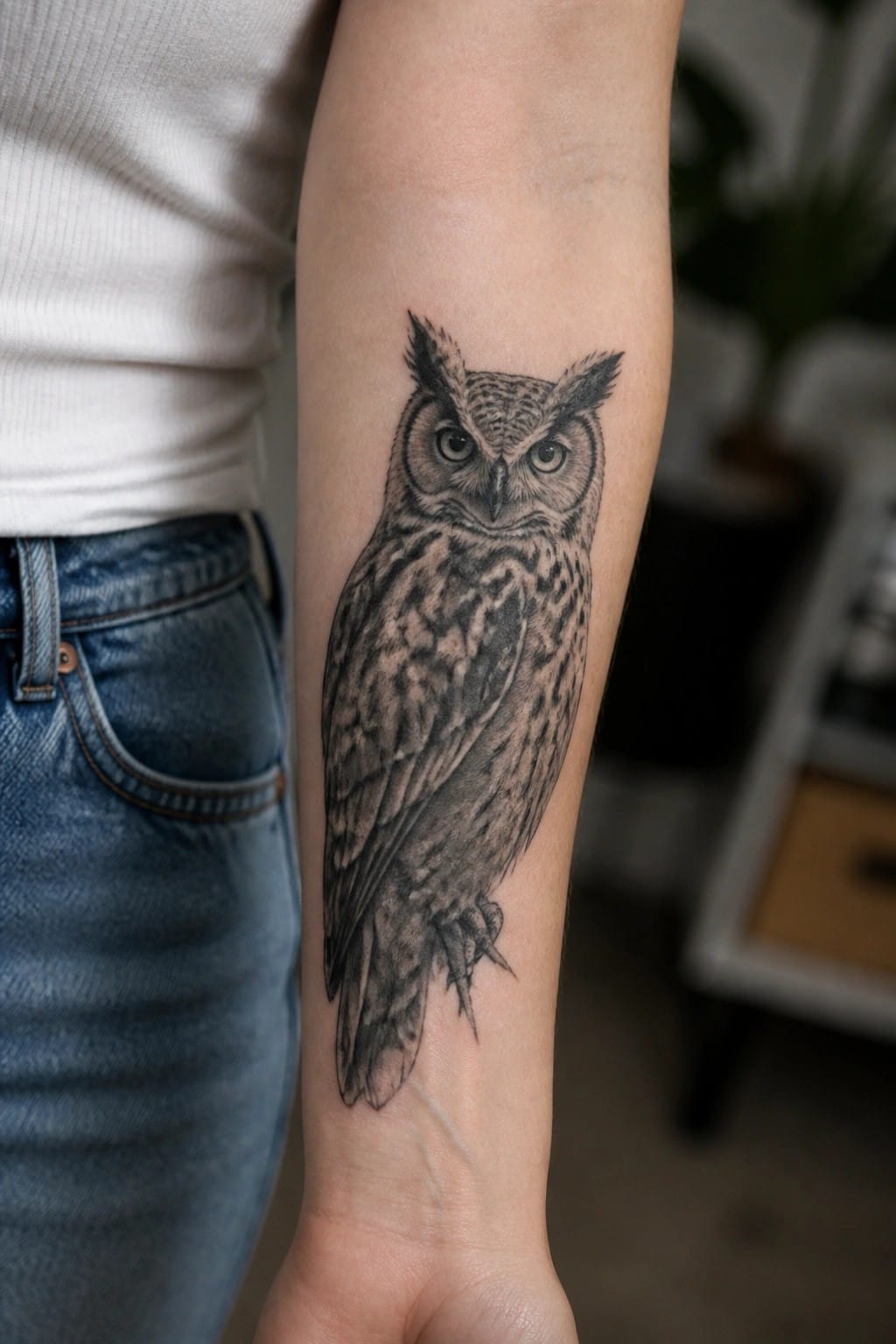 Realistic black and grey owl tattoo on the inner forearm with detailed feather shading and a perched pose.