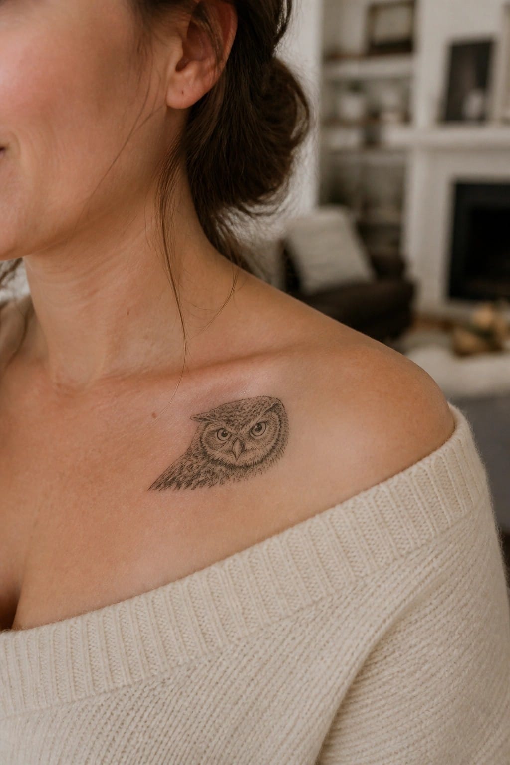 Owl tattoo on woman's shoulder above off-white off-shoulder knit sweater