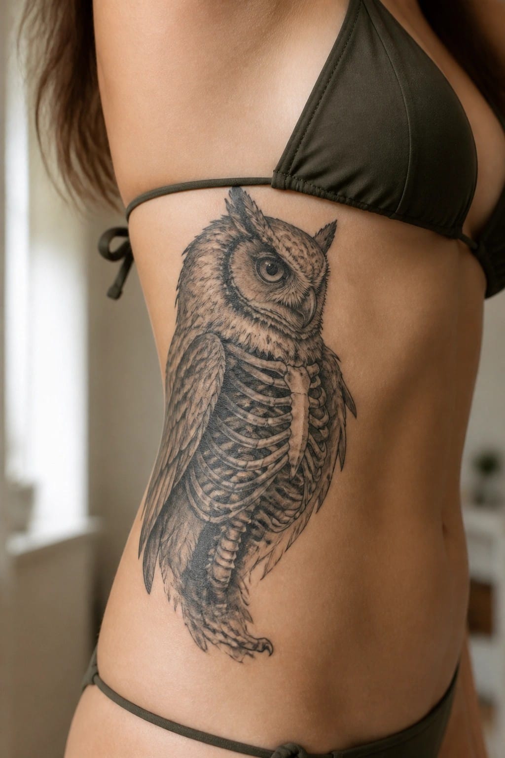 Realistic black and grey owl tattoo on the side torso showing skeletal ribs under the feathers.