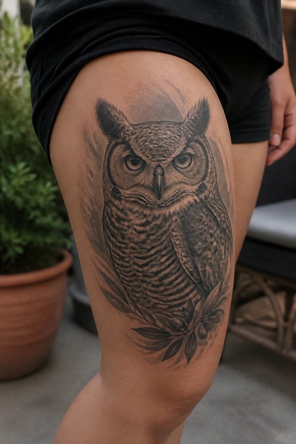 Realistic black-and-gray owl tattoo on thigh beneath black shorts with leafy accents