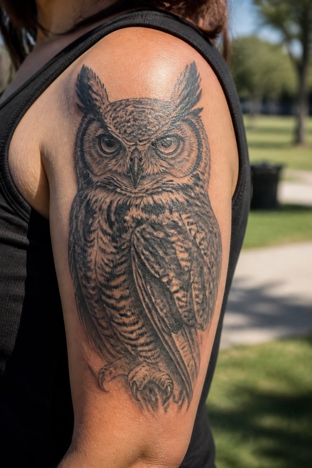 Realistic black and grey owl tattoo covering a woman's upper arm with detailed feathers and talons.