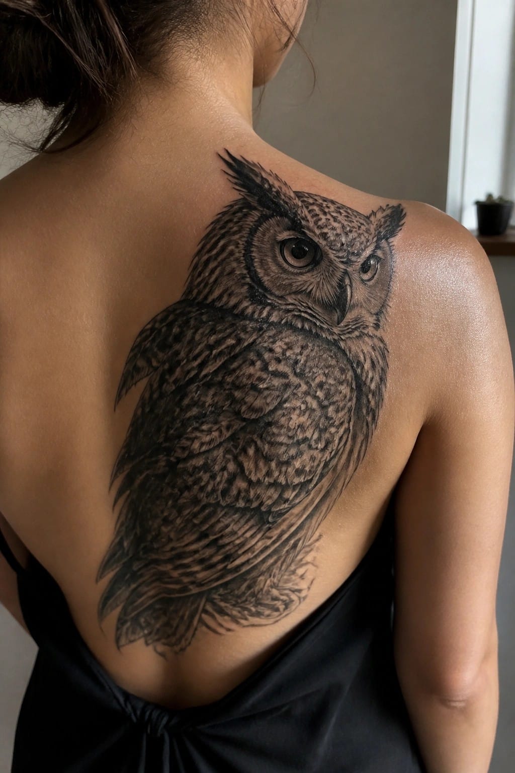 Realistic black and gray owl tattoo covering the upper back and shoulder of a woman.