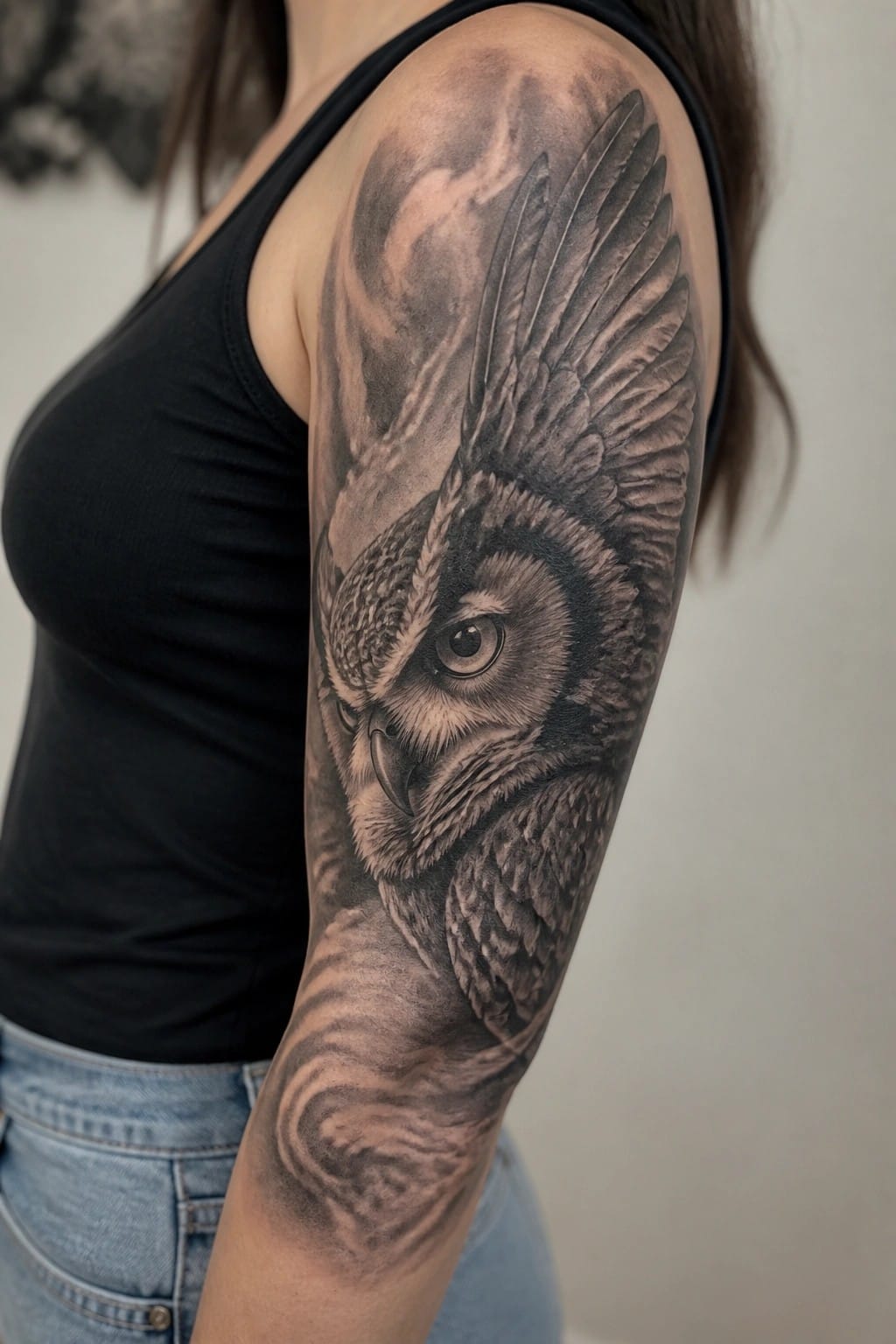 Woman's upper arm in black tank top with detailed realistic owl tattoo and clouds.