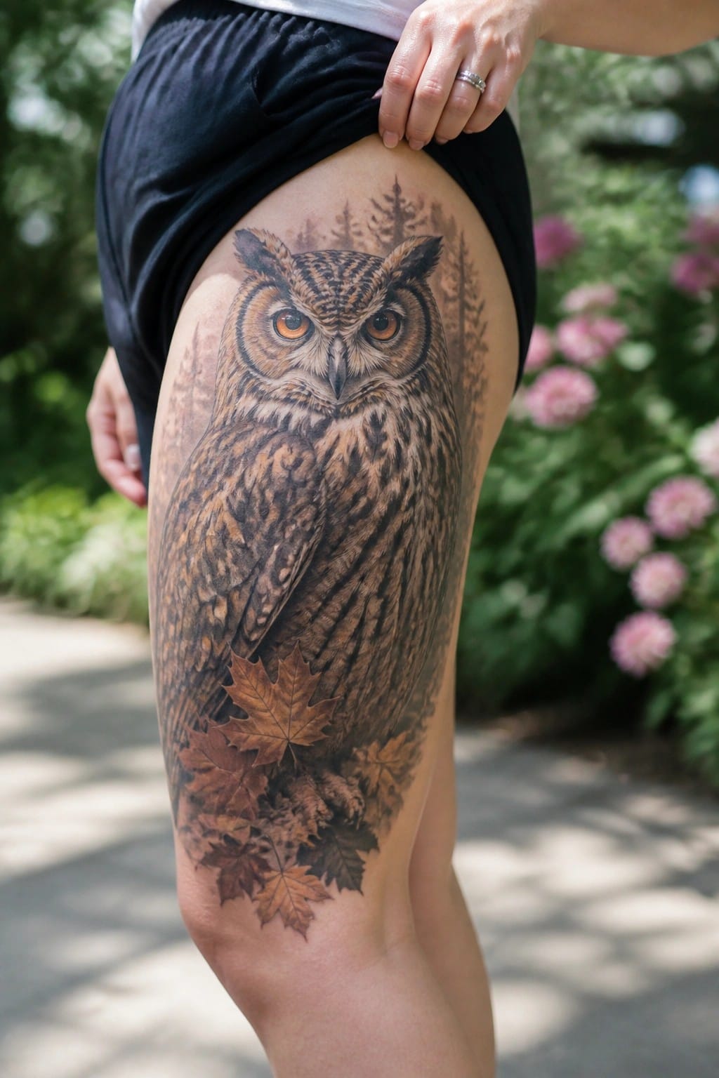 Realistic owl tattoo on a woman's upper thigh showing detailed feathers, orange eyes, pine trees, and maple leaves.