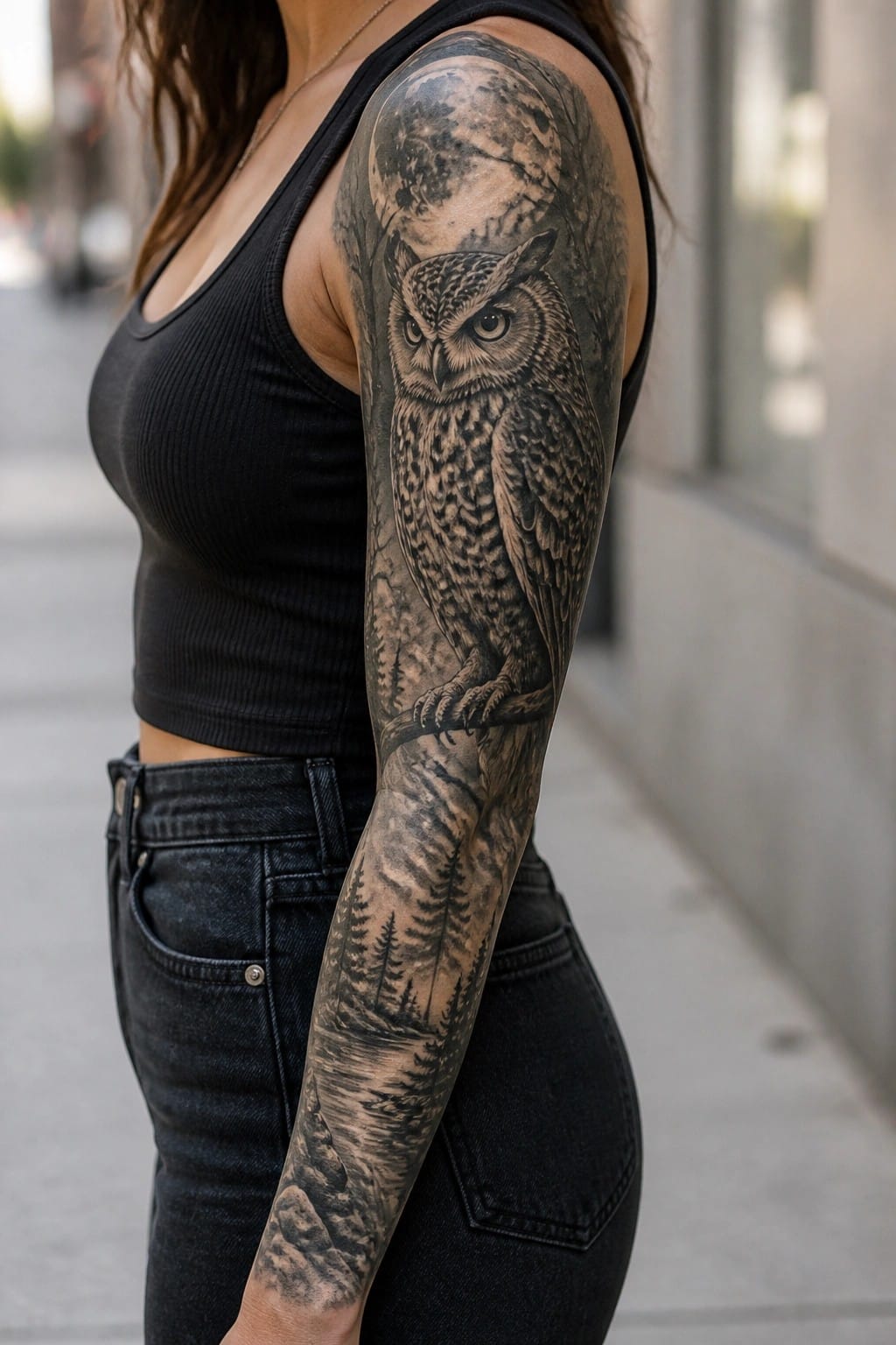 Woman wearing a black tank top and jeans with a large black and gray realistic tattoo of an owl on a branch under a moon, with a forest scene running down the full length of her right arm.