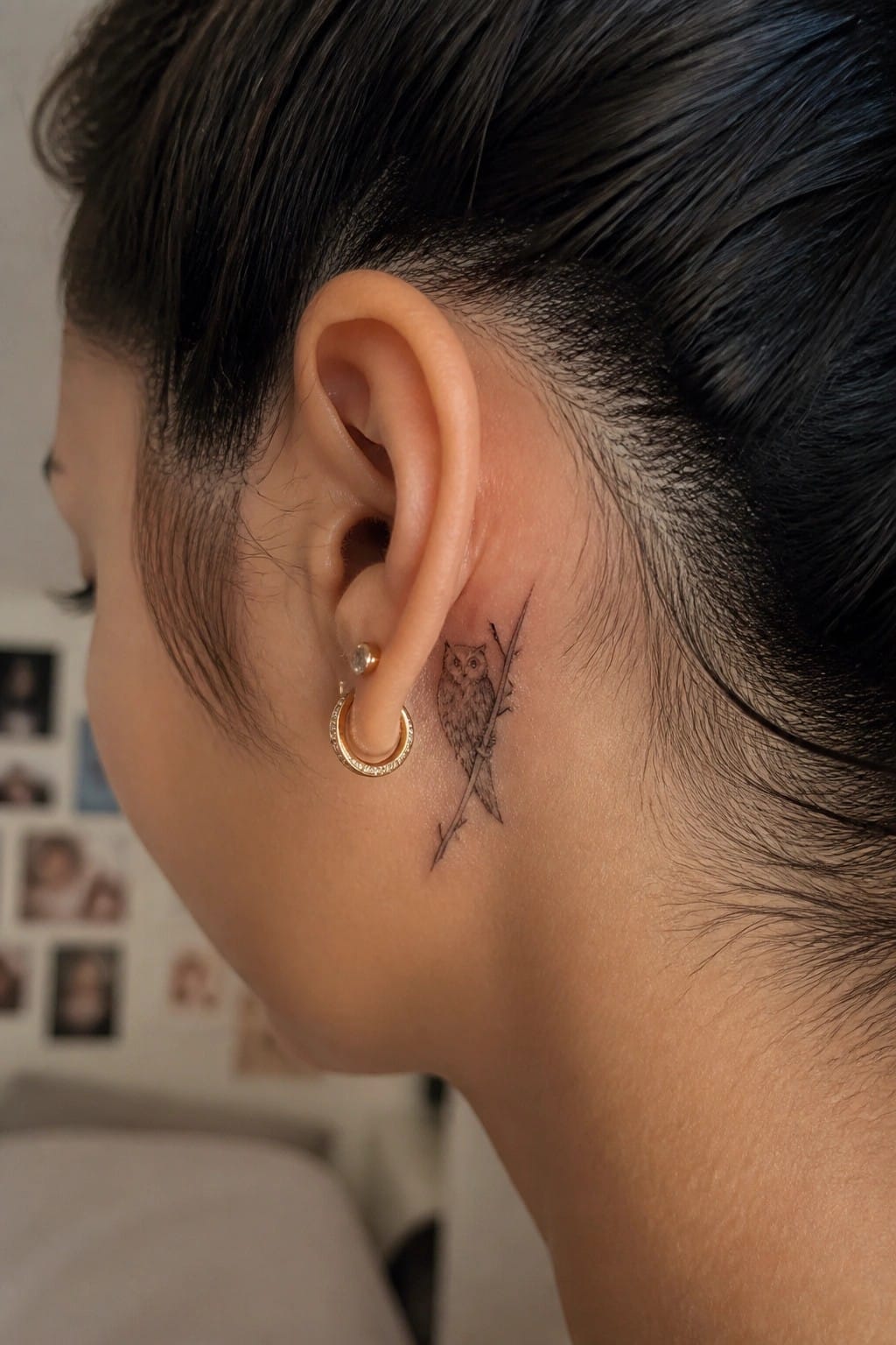 Close-up of undercut hairstyle with gold hoop earring and owl tattoo behind ear.