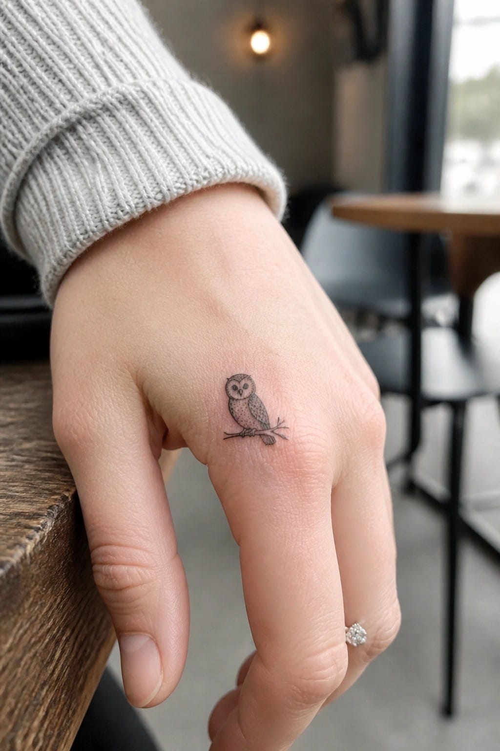 Hand with small owl tattoo, gray knit sweater sleeve, diamond ring on finger