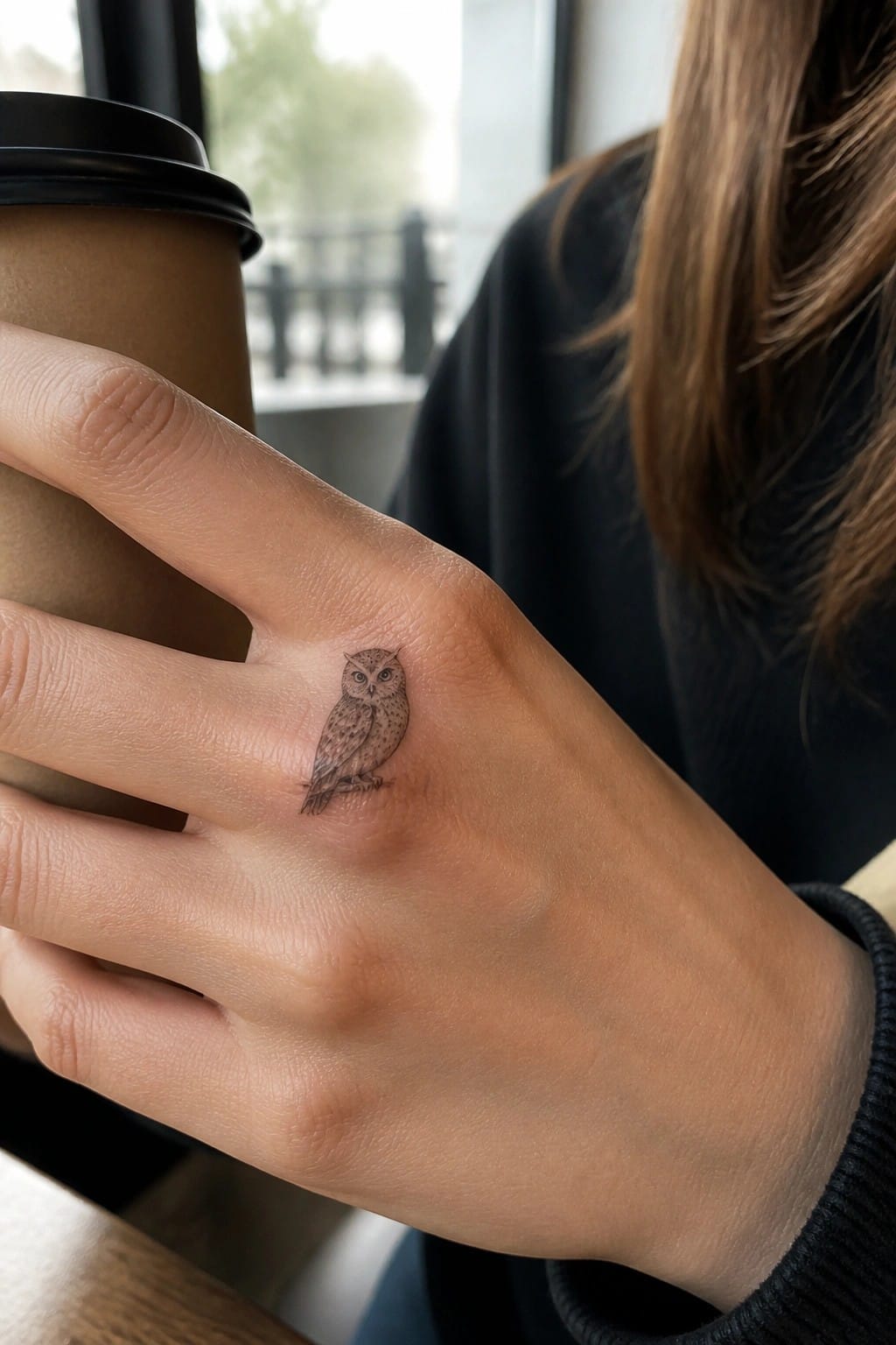Small realistic owl tattoo on the side of a woman's hand between the thumb and fingers