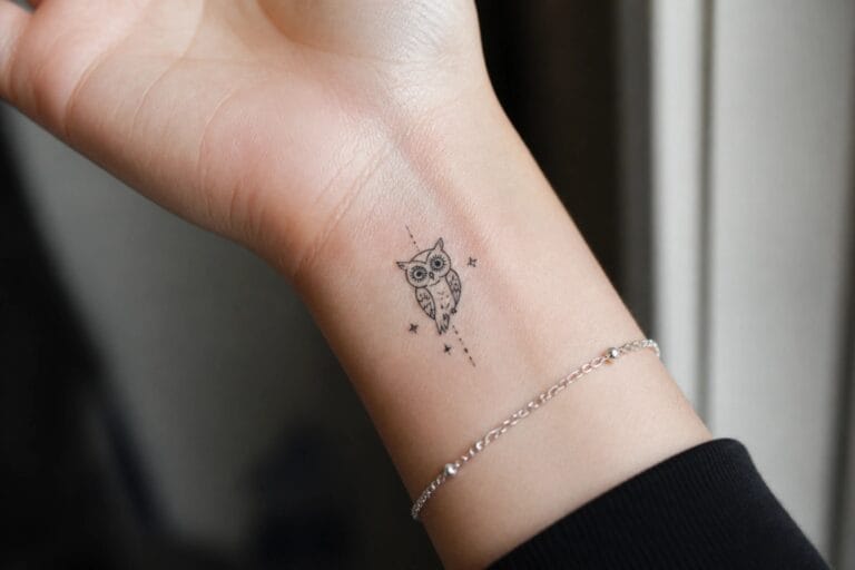 Small minimalist owl tattoo on the inner wrist with moon and stars in a dotted circle.
