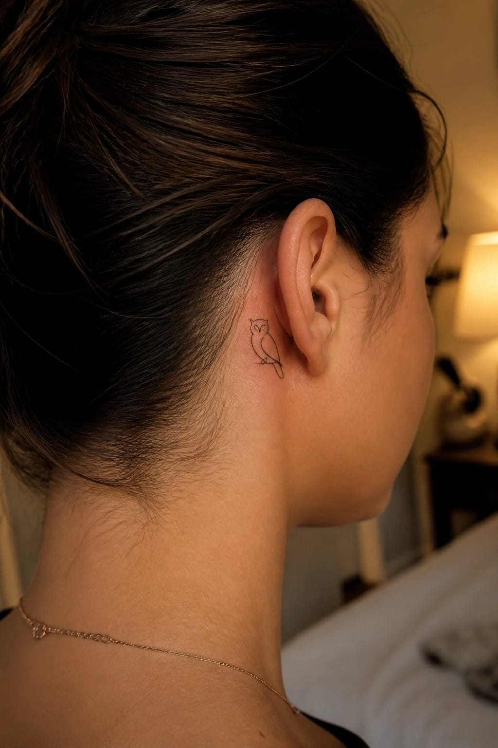 Woman's profile with dark bun, small owl tattoo behind ear, and gold necklace.