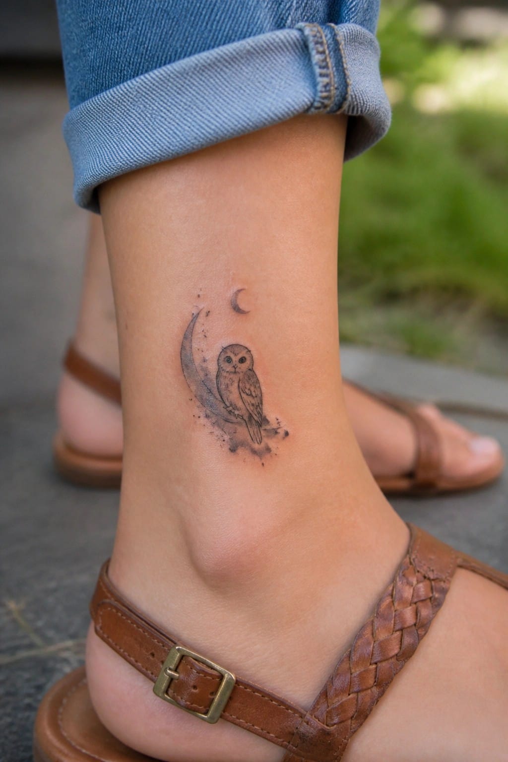 Small black and grey tattoo of an owl perched on a crescent moon placed on the ankle above a brown sandal strap.