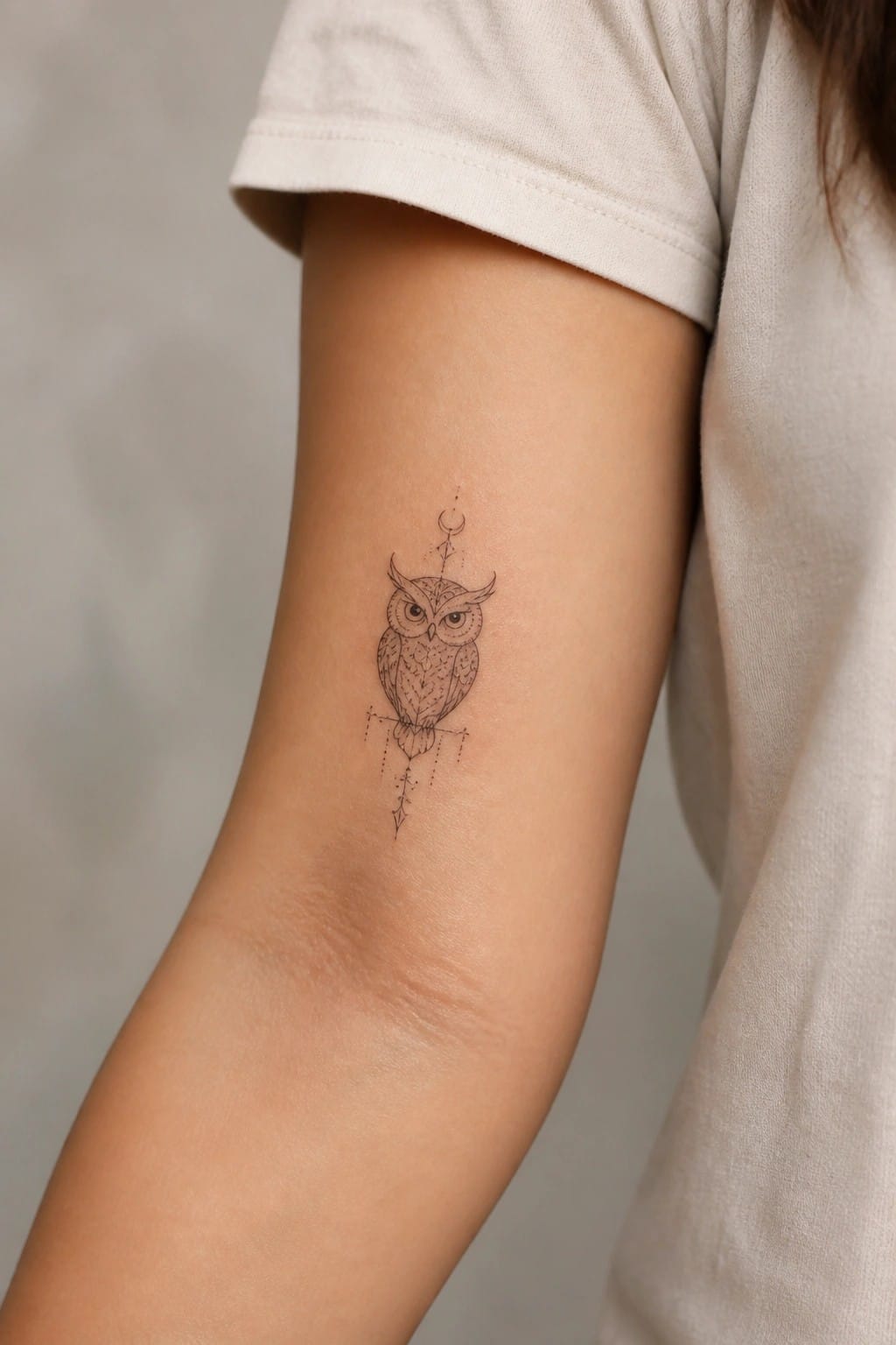 Owl tattoo with crescent moon on upper arm below white t-shirt sleeve