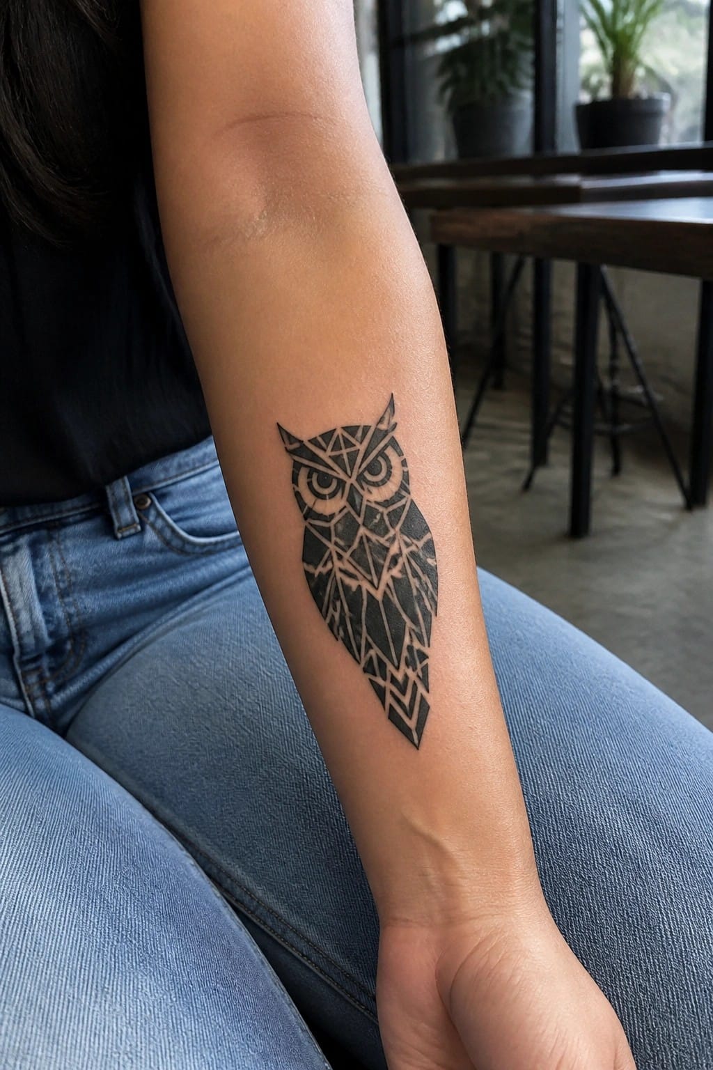 A small geometric owl tattoo in black ink on the inner forearm, showing clean lines and angular shapes.