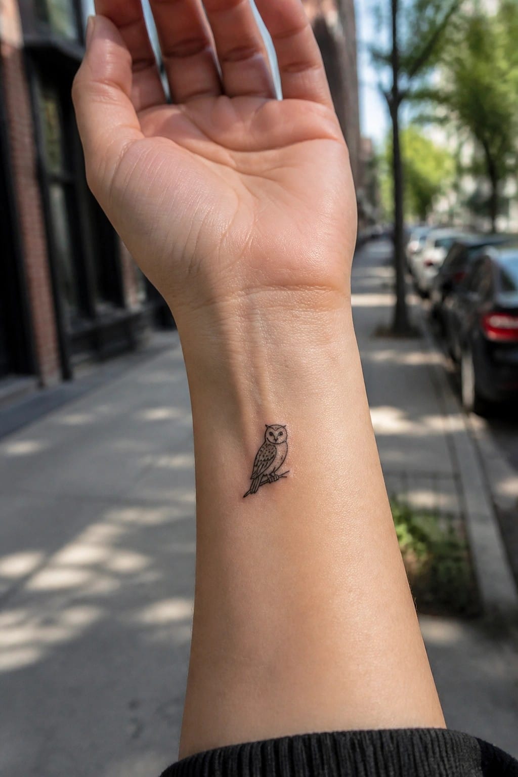 Small fine line owl tattoo on the inner wrist of a person's left arm.