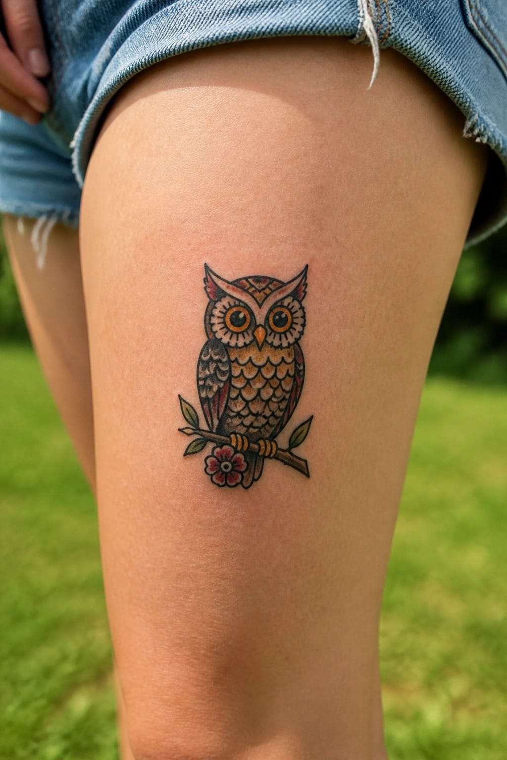 Colorful owl tattoo on thigh beneath frayed denim shorts outdoors on grass