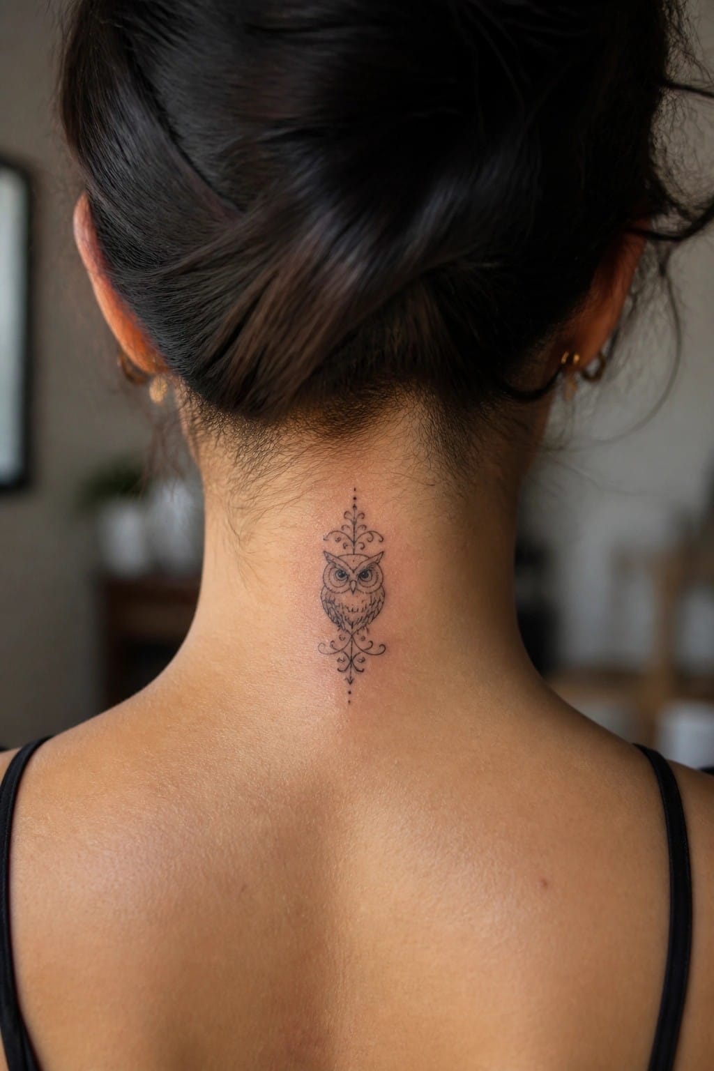Ornate black owl tattoo on the nape below a dark updo hairstyle